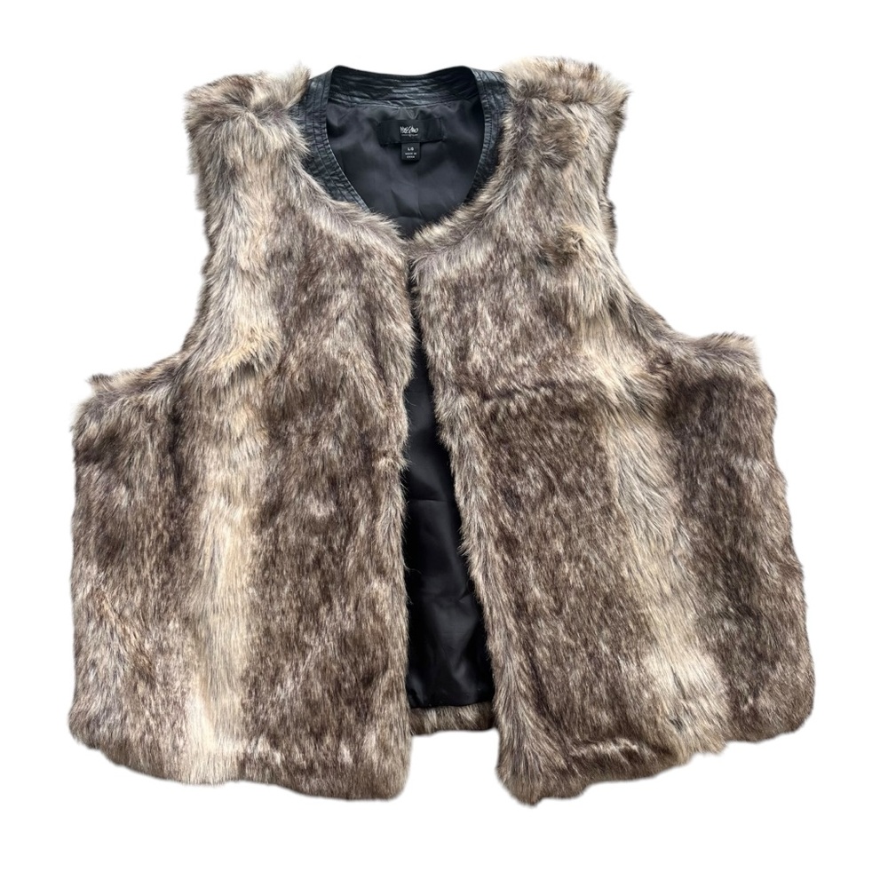Mossimo Women’s Large Brown Fuzzy Faux Fur Leather Neckline Open Vest #259121669